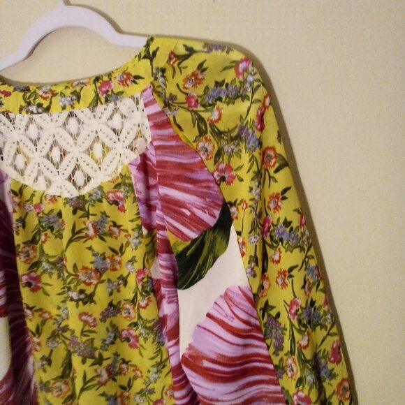 New Directions Blouse S Half Sleeve Boho Flowing Lace Floral Patchwork Colorful - Picture 12 of 15